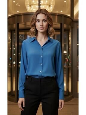 CHICO’S Women’s Pleated Back Gold Button Up Blouse in Blue-Size 2 (Large)